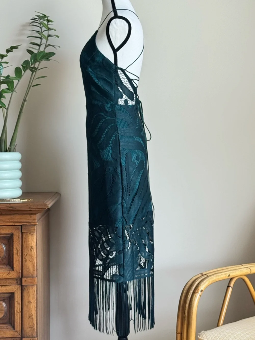 🔹 Sleeveless Teal Lace Fringe Midi Dress Size 4 - Picture 5 of 7